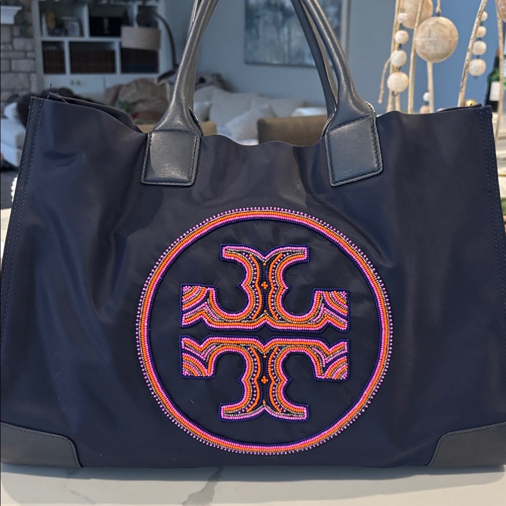 Tory Burch Navy Ella Nylon Leather Trim Tote, Pink and Orange Beaded Logo